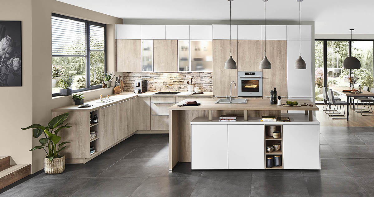 Modèle Natura style Bois, Blanc, Scandinave Beige Cuisine en îlot